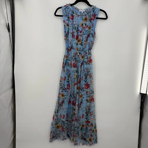 Le Ragazze Tiered Floral Airy Silk Sleeveless Midi Maxi Dress Floral Blue L - Picture 4 of 10